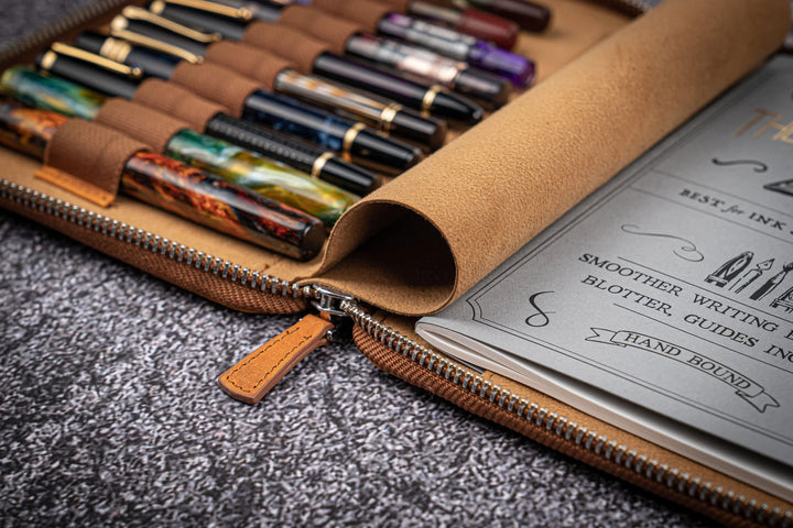 Leather Zippered Pen Case with A5 Notebook Holder | 10 Pen Slots